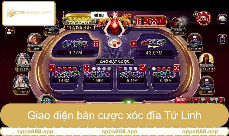 Giao diện bàn cược xóc đĩa Tứ Linh hiển thị Âm Dương và cặp linh vật