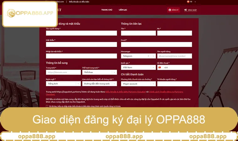 Giao diện đăng ký và kích hoạt đại lý OPPA888 an toàn