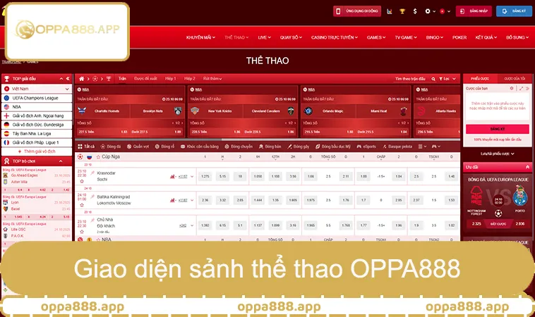 Giao diện sảnh thể thao OPPA888 hiển thị kèo cược